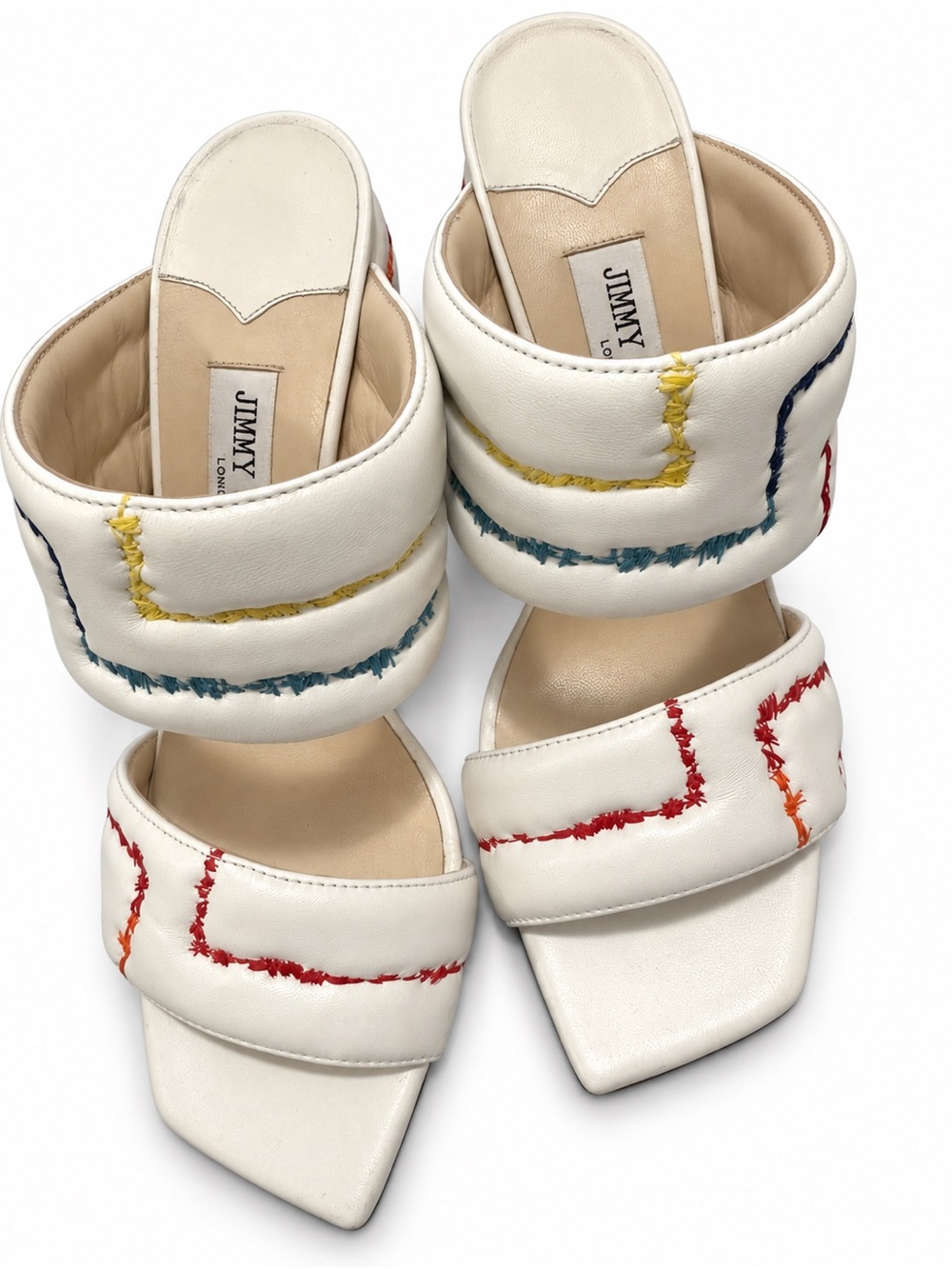 Jimmy Choo White Leather Multicolor Stitch Double-Band Mules